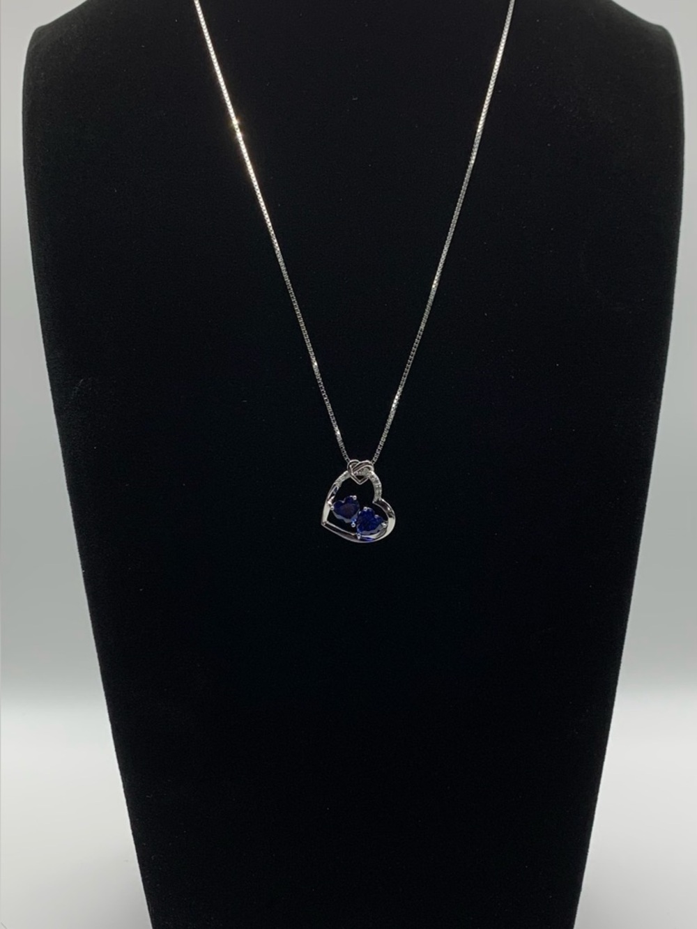 Sterling Silver 925 Box Chain Claw Clasp Necklace Heart W/Blue Topaz, Crystal